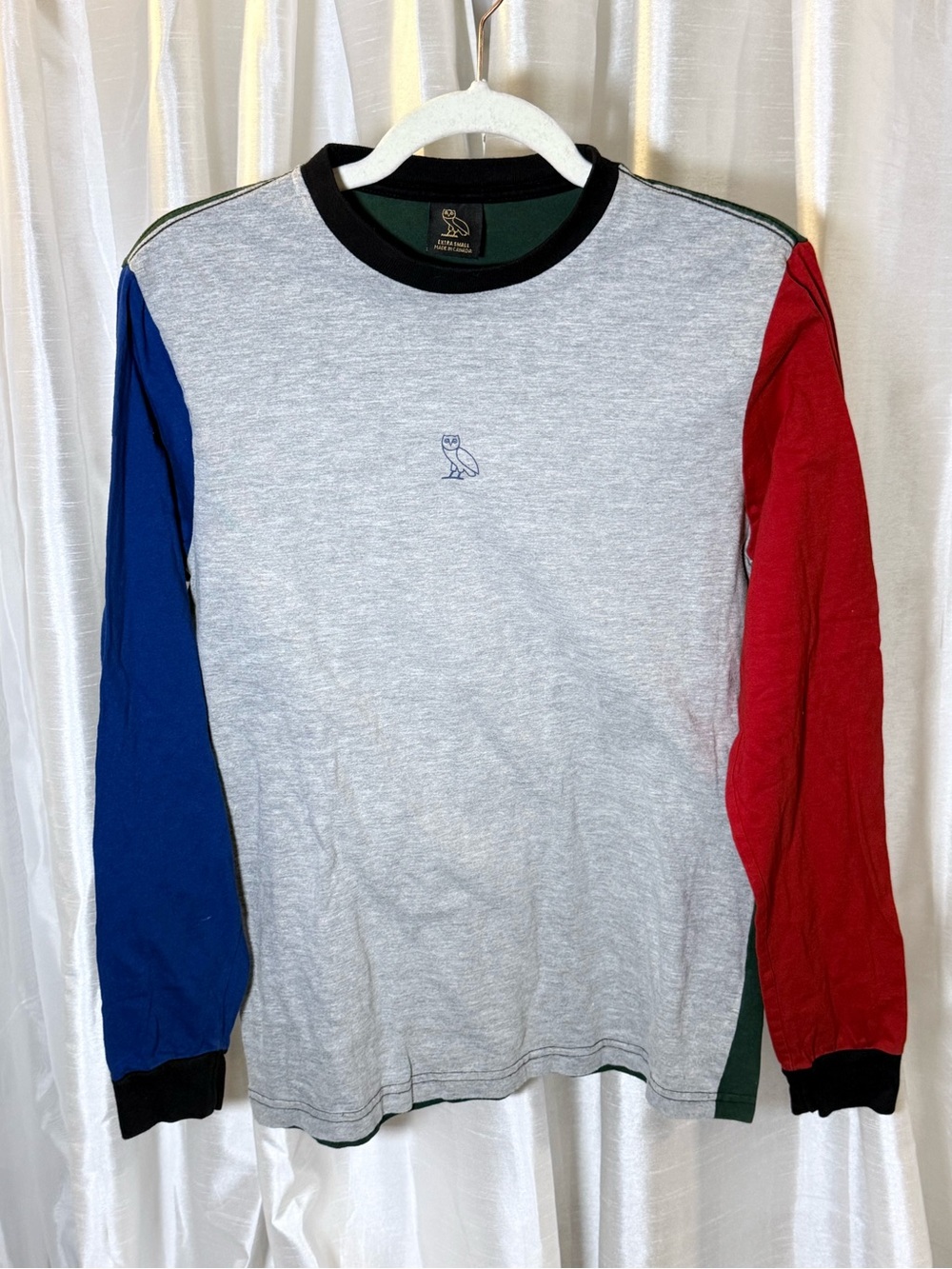 OVO Long Sleeve Colorblock Crewneck - Grey Body with Blue & Red Sleeves